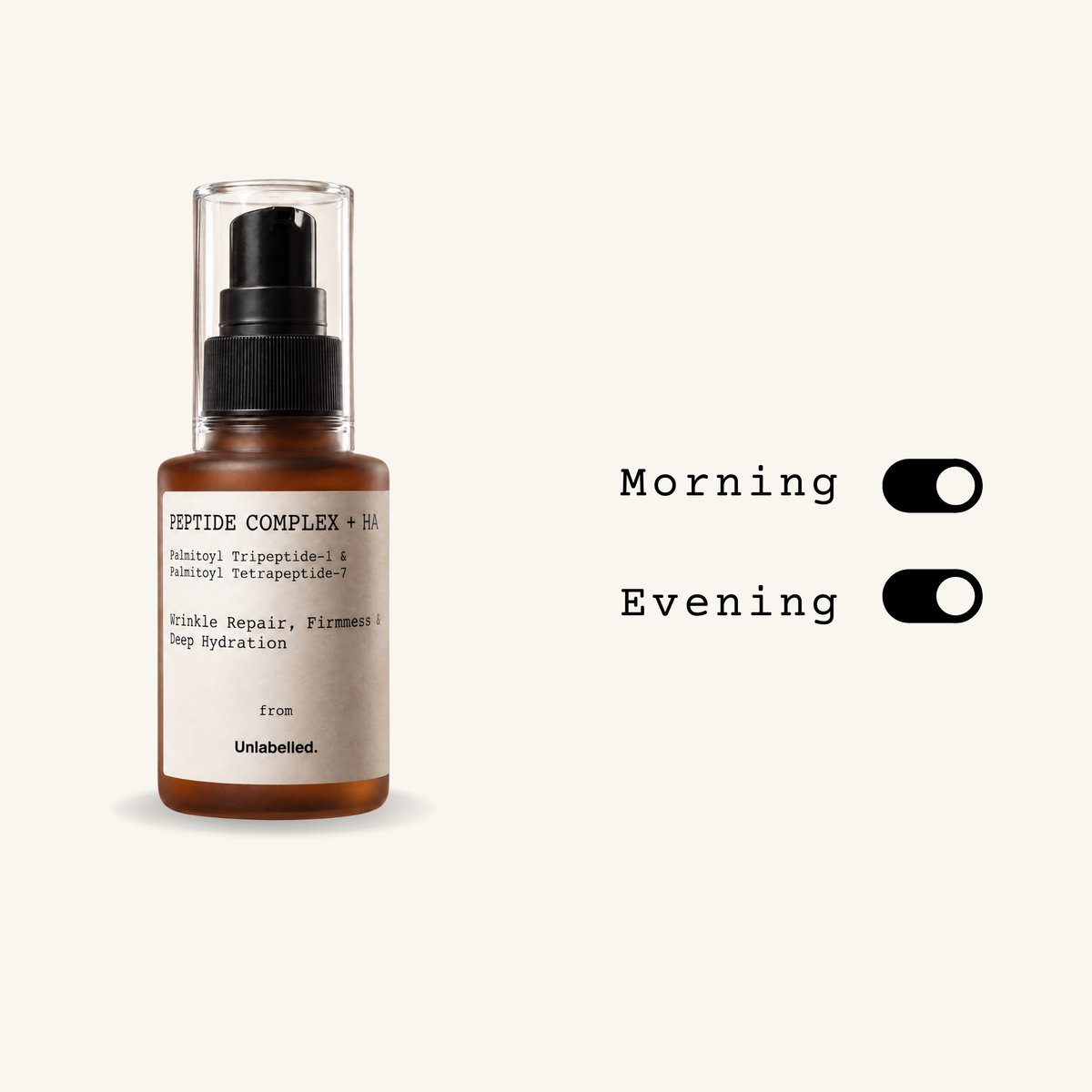 An amber glass skincare pump bottle labeled 'HEPIDE COMPLEX + SKIN' with a clear cap and black pump, shown on a light cream background with text reading 'Morning' and 'Evening' and toggle switches.